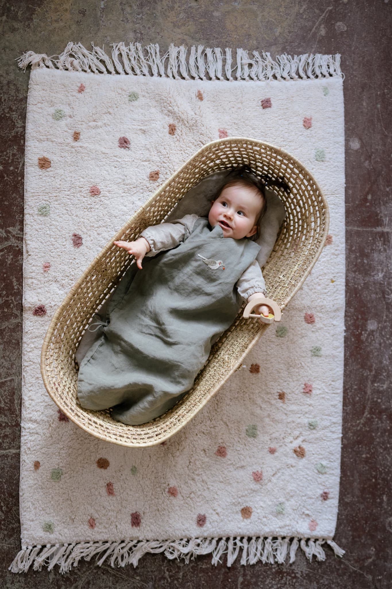 Linen Baby Green Sleeping Bag (Peas in a Pod Embroidery)